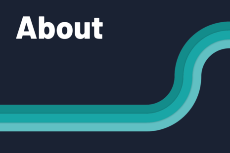 The word ‘About’ with a teal curved line graphic beneath.