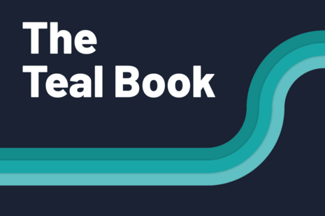 The word ‘The Teal Book’ with a teal curved line graphic beneath.