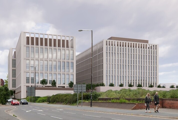 Artists impression of the two government hubs that will be built to form the Manchester Digital Campus