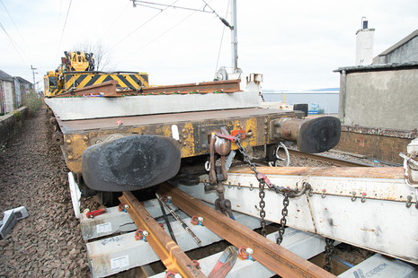 The wagon in contact with the track panel, on the morning after the accident (courtesy of British Transport Police).