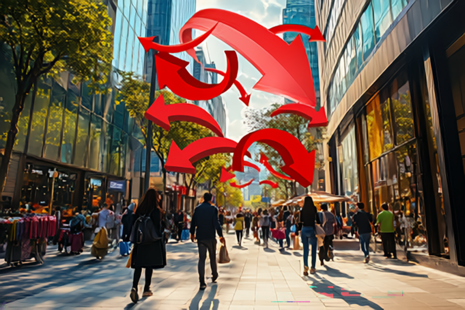 Street scene with red arrows