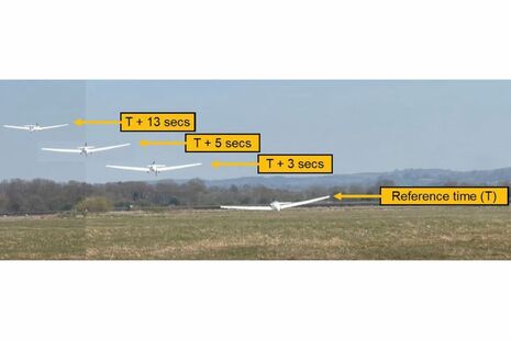 Composite image showing initial yaw and heading change after lift off (Reference time (T) is close to, but not precisely coincident with, lift off)