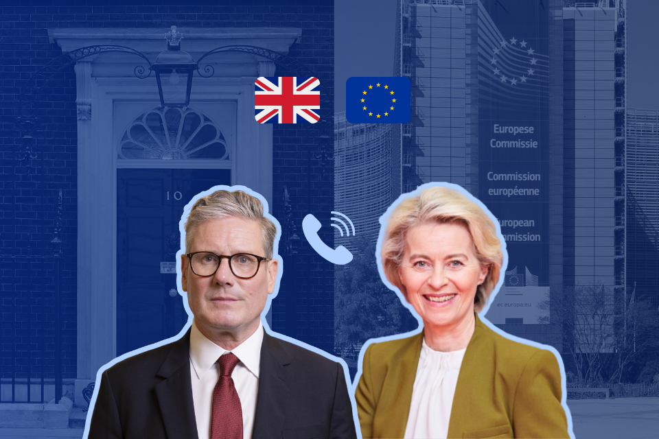 Graphic featuring PM Keir Starmer and European Commission President von der Leyen. Phone call symbol.
