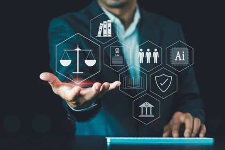 Business professional presenting holographic legal and AI icons, including scales of justice, law book, people, shield, and courthouse.