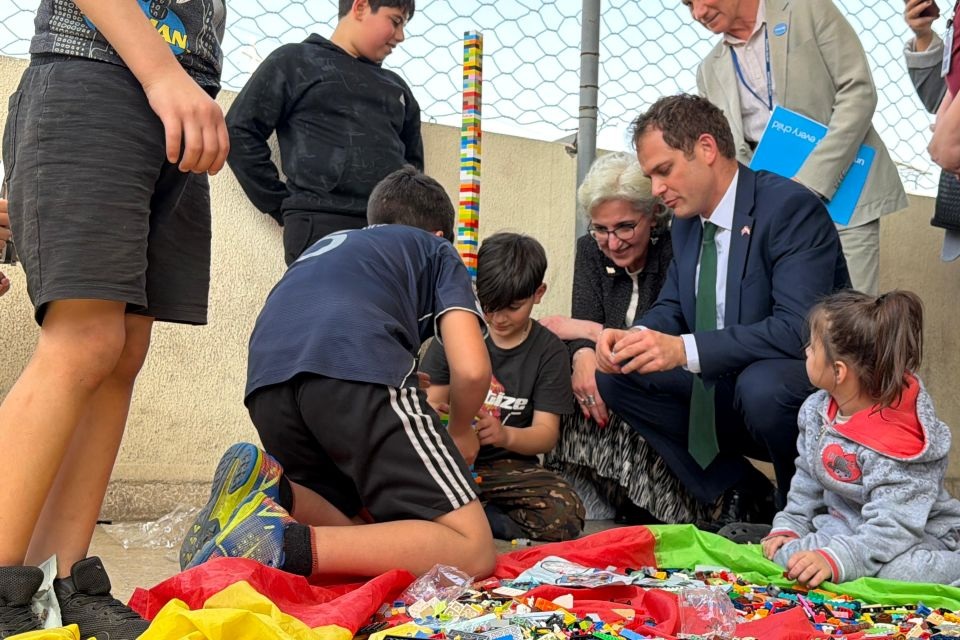 Minister Falconer at a shelter for displaced families in Beirut