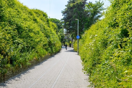 Photograph of someone riding a bicycle on a cycle path set between 2 grassy embankments