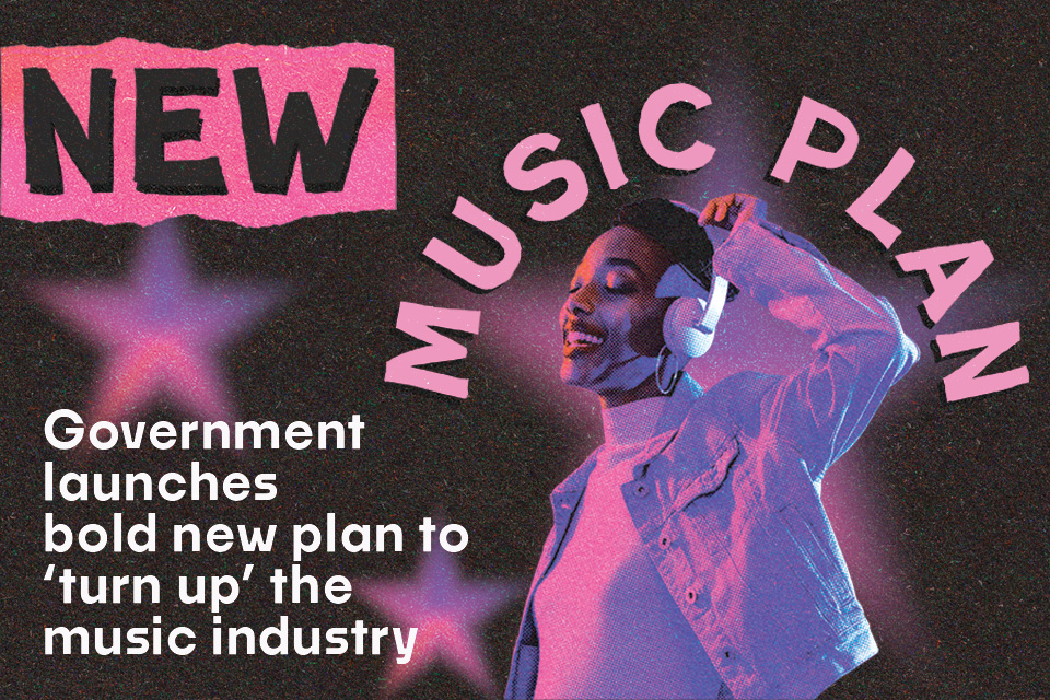 A government promotional image for the UK's new music plan tied to the Music in Libraries initiative.