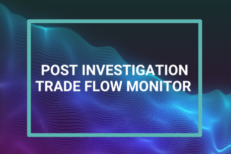 Post Investigation Trade Flow Monitor” in white text over a blue and purple abstract wave pattern, framed by a teal border.