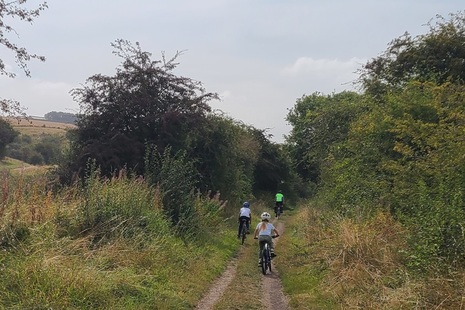 Photo of a family cycling along a country lane.