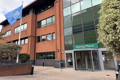 The International Maritime Organisation (IMO) flag flying outside Spring Place, the Maritime and Coastguard Agency (MCA) Headquaters.
