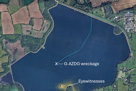 Image of map showing wreckage and eyewitnesses’ location with final flight path from recorded tracking services © Google Earth, Image © Airbus