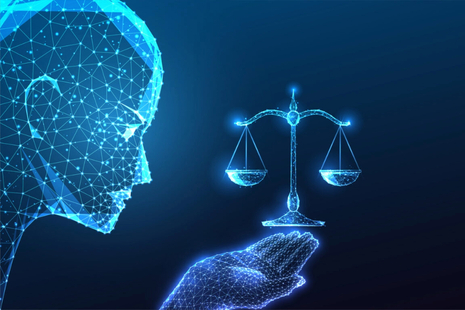 Digital human head facing glowing scales of justice balanced above an outstretched hand