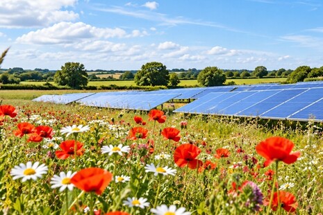 Generated illustrative image of solar panels and wildflower habitat